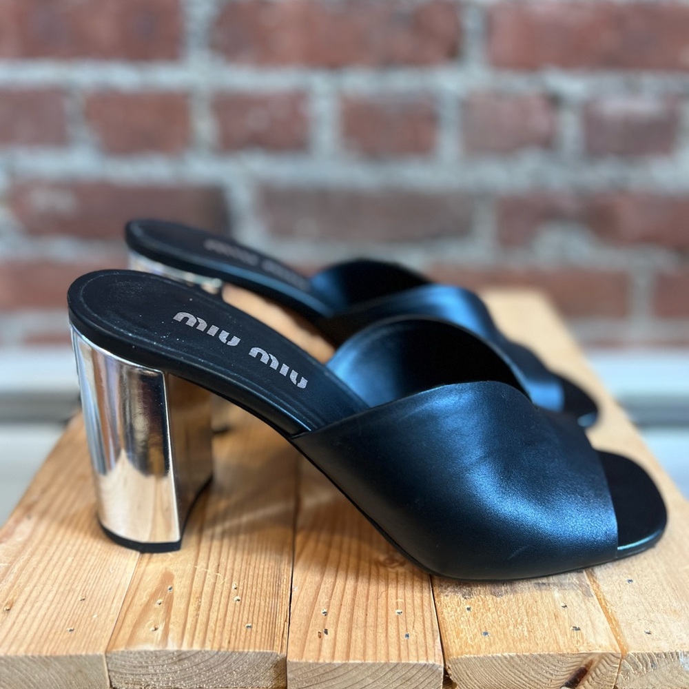 Miu Miu Black and Silver Heeled Sandals